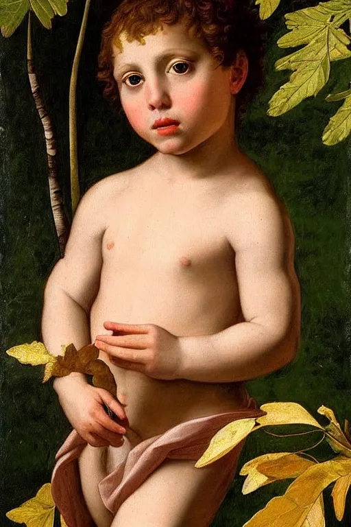 Image similar to renaissance painting of young boy in the garden, closeup, short hair, interest face, emotions closeup, dressed in roman armour, the beautiful garden with birch leaves everywhere, ultra detailed, art by Guido Reni style, Vincenzo Catena style