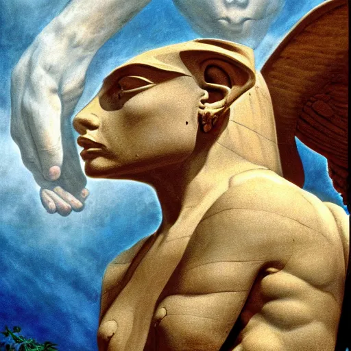 Prompt: Sphinx' Riddle Oedipus by Jeff Easley and Michelangelo, fantastic reality, detailed and beautiful faces, dramatic lighting, establishing shot, 8k resolution – W 1024