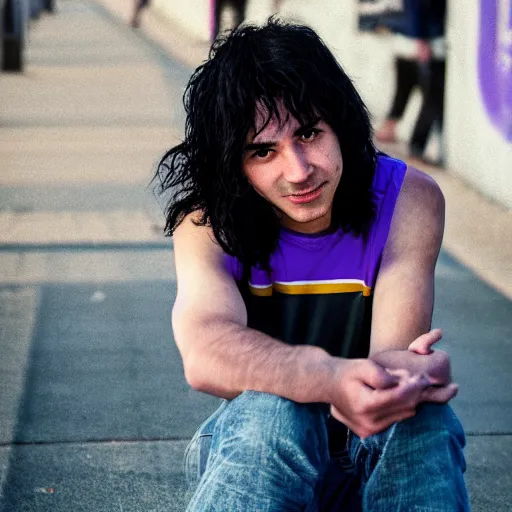 Prompt: softblur portrait of a highschool senior with long black hair, shaven face, silver earring, violet tight tanktop, he is smirking into the camera for a cover of a gay print magazine, agfa akurit, street photography, lomography, kreuzberg, blurred, skateboard