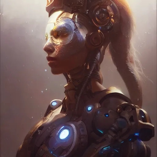 Prompt: a beautiful portrait of a cyborg goddess, a detailed painting by greg rutkowski and raymond swanland, featured on cgsociety, fantasy art, detailed painting, artstation hd, photorealistic