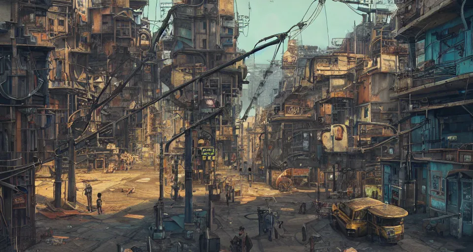 Prompt: a industrial STEAMPUNK CITY Street scenery in the FAVELAS, signs, billboards and cable Connecting MULTI LVL BUILDINGS, rendered by simon stålenhag, rendered by Beeple, Makoto Shinkai, syd meade, environment concept, digital art, starwars, Gundam Style, unreal engine, 3 point perspective, WLOP, trending on artstation, low level, 4K UHD image, octane render,