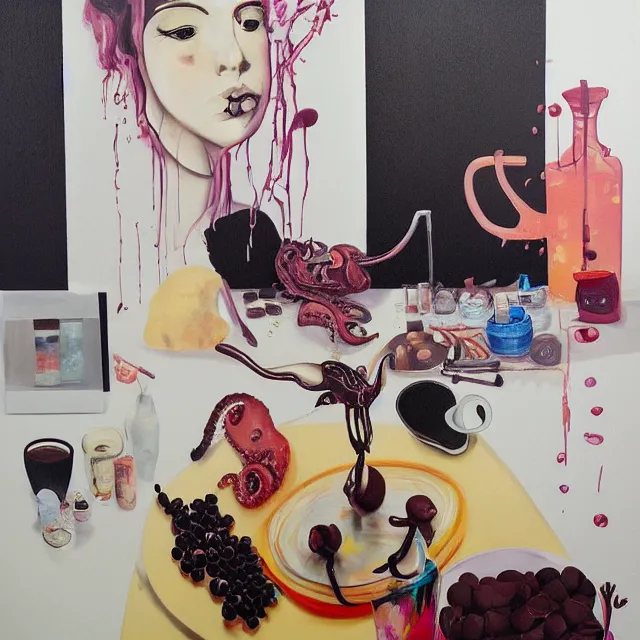 Image similar to sensual, a portrait in a female art student's bedroom, black walls, a woman drinking iced latte, pancakes, honey dripping, berries dripping, chocolate, surgical supplies, ikebana, octopus, neo - expressionism, surrealism, acrylic and spray paint and oilstick on canvas