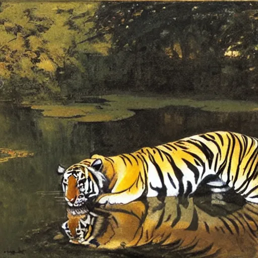 Prompt: a tiger drinks water from a pond by abbey edwin austin