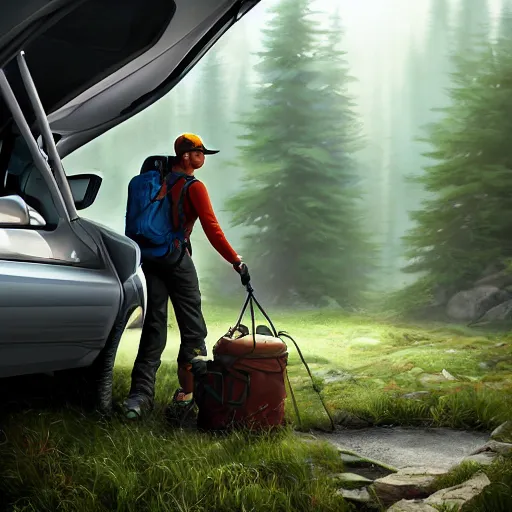 Image similar to hiker unloading the car before camping, by roman shipunov, cgsociety, cynical realism, fantasy art, 2 d game art