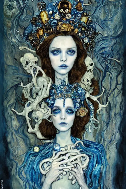 Image similar to The Princess of Bones by Karol Bak, Jean Deville, Gustav Klimt, and Vincent Van Gogh, portrait of a porcelain princess wearing a crown, porcelain ball-joint doll face with blue painted tattoos, pale blue eyes, hair made of shimmering ghosts, mystic eye, otherworldly, crown made of bones, ornate jeweled crown, skulls, fractal structures, arcane, inscribed runes, infernal relics, ornate gilded medieval icon, third eye, spirals