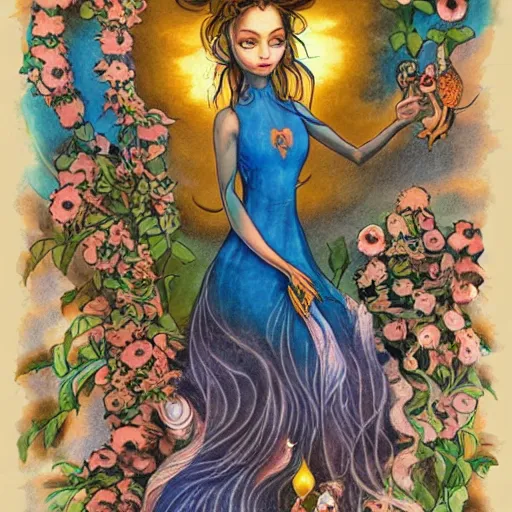 Prompt: soft by jasmine becket - griffith, by nacho carbonell illuminated manuscript, illuminated manuscript. body art. a woman is shown from behind, her body slightly blurred as if in motion. her long hair cascades down her back, & she is holding a small bird in her hand.