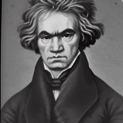 Prompt: a school book photo of beethoven staring.