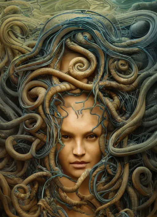 Image similar to medusa, wooden art nouveau swirls, strong subsurface scattering, cables, tubes, subsurface scattering, in the style of ruan jia and tomasz alen kopera and giger, subsurface scattering, mystical colors, rim light, dramatic lighting, 8 k, stunning scene, raytracing, octane render, trending on artstation