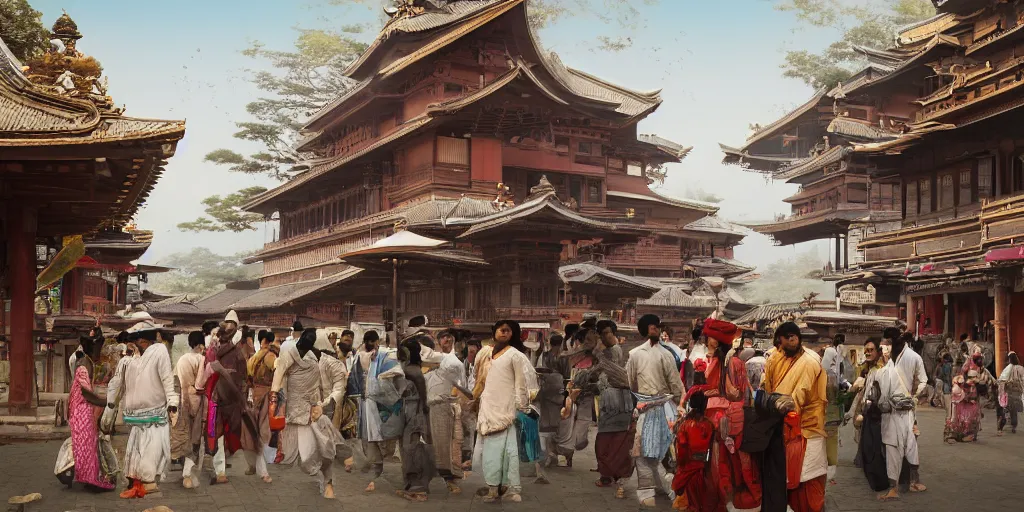 Image similar to india in the 1 8 0 0 s filled with japanese architecture, samurai's walking the streets, indians in traditional wear haggling with the street vendors, surreal, beautiful, hyper realistic, trending on artstation, 8 k, hd