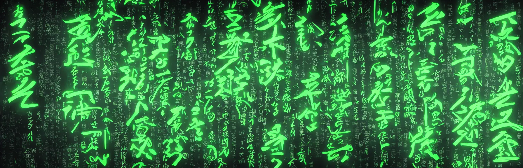 Image similar to neon green colored japanese characters dripping down from top, matrix wallpaper ; very detailed ; artstation, unreal engine 5