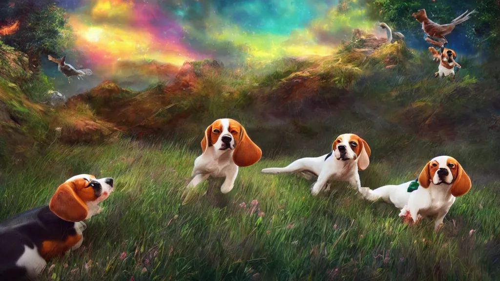 Prompt: Beautiful beagles playing ” Beautiful Dreamscape, Digital art, concept art, detailed, lovely colors, Art station,3-D 4K, beautiful background, matte painting, ,