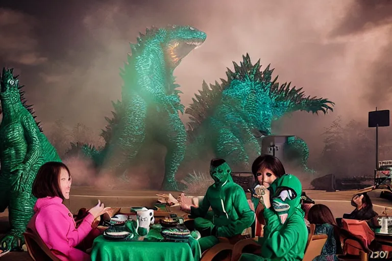 Image similar to Godzilla tea party with Barbie, plastic barbie doll, green rubber suit godzilla, by Liam Wong