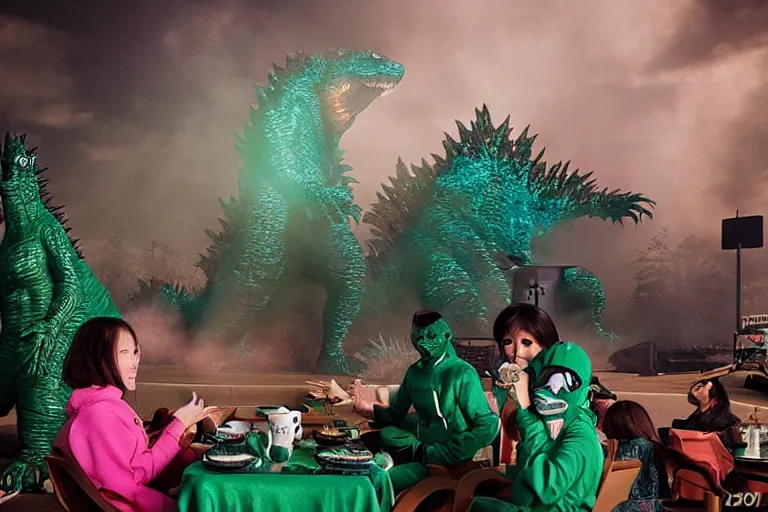 Godzilla tea party with Barbie plastic barbie doll Stable