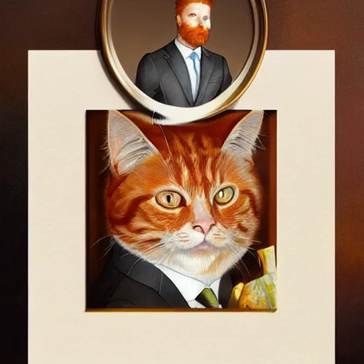 Image similar to ginger cat in a business suit, artists portrait, fantasy, highly detailed, digital painting, concept art, sharp focus, depth of field blur, illustration, art by artgerm and greg rutkowski and alphonse mucha