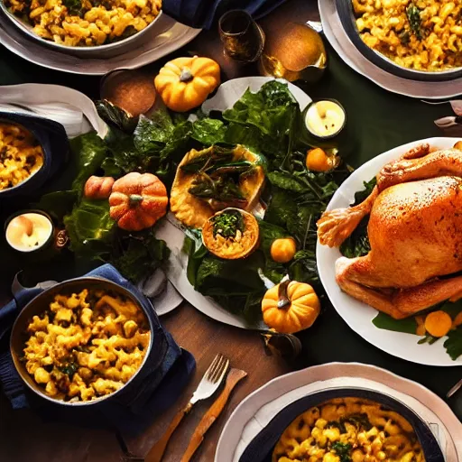 Prompt: a delicious thanksgiving dinner, dinner table, turkey, greens, macaroni and cheese, dimly lit, product shot