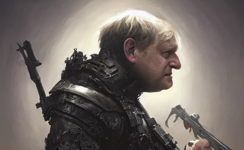 Image similar to Boris Johnson as Punisher, armor plate, realistic portrait, symmetrical, highly detailed, digital painting, artstation, concept art, smooth, sharp focus, illustration, cinematic lighting, art by artgerm and greg rutkowski and alphonse mucha