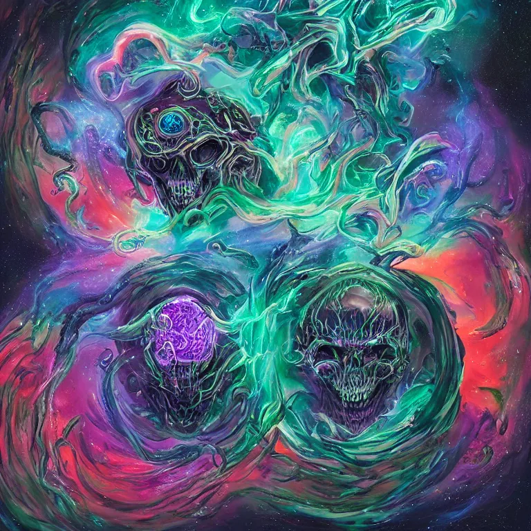 Image similar to a center frame giant skull with intricate rune carvings and glowing eyes with thick lovecraftian tentacles emerging from a space nebula by dan mumford, symmetry, twirling smoke trail, a twisting vortex of dying galaxies, digital art, vivid colors, highly detailed