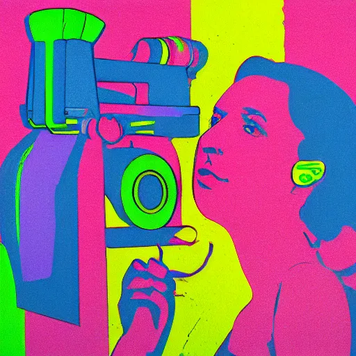 Prompt: cmyk risograph print instructive portrait of a lady 2 8 years old, with binoculars