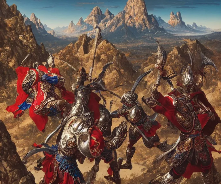 Image similar to wide angle shot from above of silver ornate armor slim muay thai handsome warriors in battle!!! mountains and giant gothic abbeys in the background, fine detail, 8 k, high contrast color scheme, blue at the background red at the foreground!!!, dynamic perspective, oil canvas by greg rutkowski and peter mohrbacher