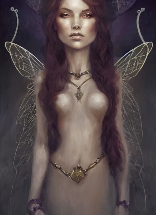 Image similar to tarot!!, fairy queen, fantasy medieval, no noise, elegant, concept art, sharp focus, beautiful face!!, digital art, smooth defined outlines!!, by Brom, trending on Artstation, Tom Bagshaw, Sargent