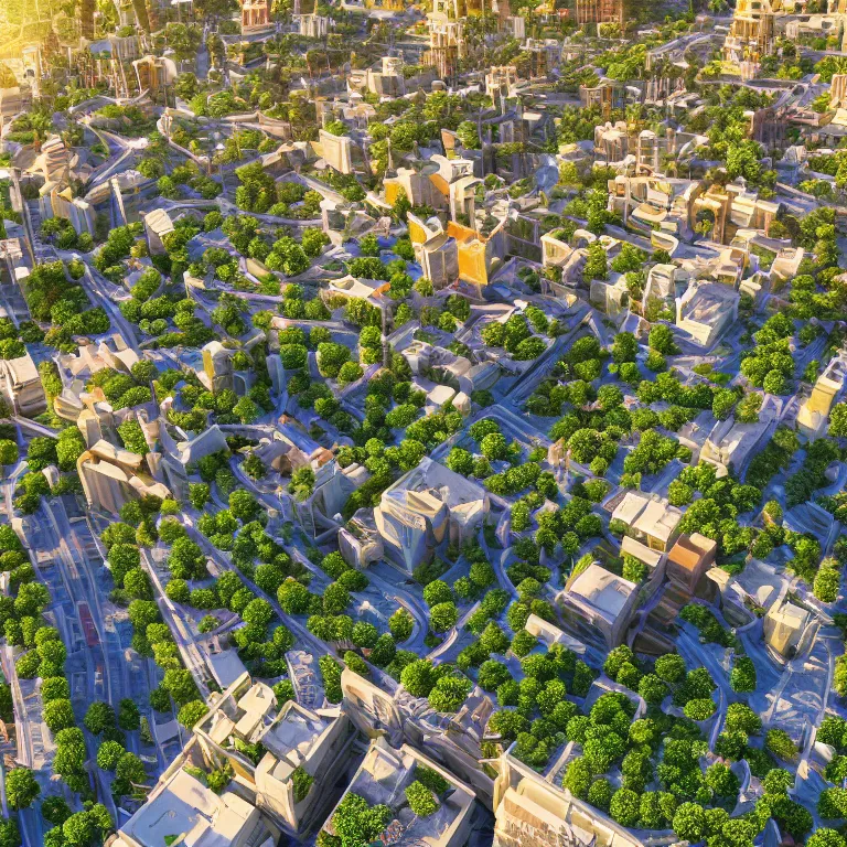 Image similar to a beautiful eco-city center full of skybridges and terraces, sunbeams, golden hour, detailed, realism, 8k high resolution