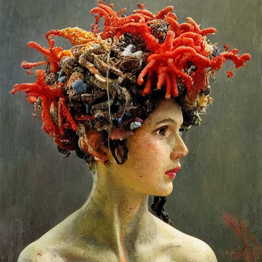 Image similar to a sculpture portrait made of seaweed and coral and shells and lilies, painting part by wojciech siudmak, part by ilya repin, part by max ernst, part by norman rockwell, artstation