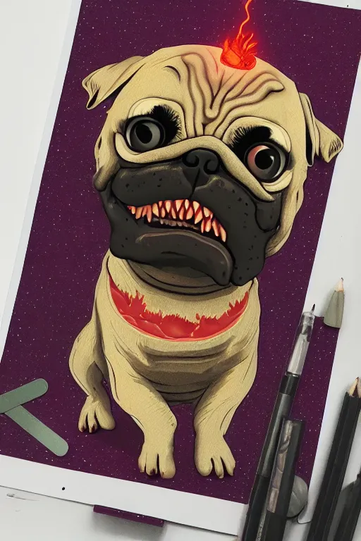 Prompt: demon pug eating flesh. art by mike winkelmann, sticker, illustration, highly detailed,