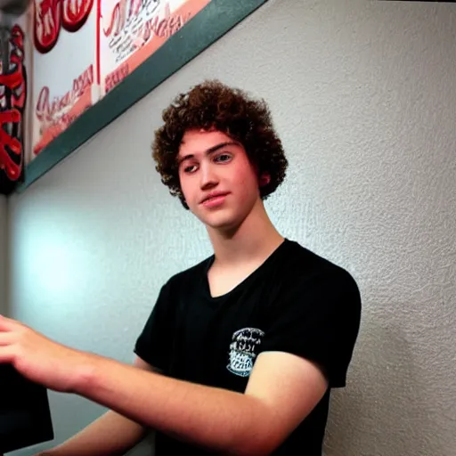 Prompt: 21 year old Jimmy John’s manager with pale skin and reddish brown curly hair is wearing a sleeveless black top and tapping a computer screen on the wall