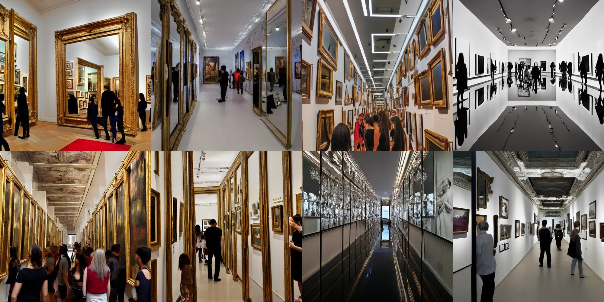 Prompt: an art gallery full of people, many tall mirrors reflecting the people in room