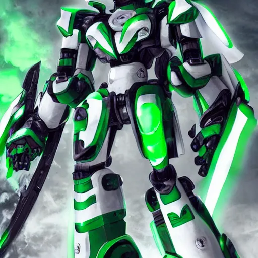 Image similar to saudi samurai mecha, green and white, full body mecha suit, epic urban battle, Murata Yasushi Nirasawa Style, beautiful aesthetic, photorealistic, volumetric lighting, hyperrealistic, octane render, HDR, Production IG Studios Anime Style