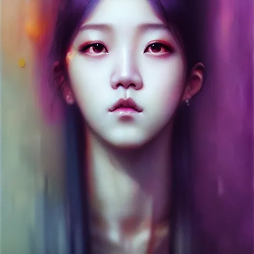 Image similar to jisoo of blackpink, hyperrealistic portrait, bladerunner street, by karol bak and agnes cecile, fantasy art, photo realistic, dynamic lighting, artstation, poster, volumetric lighting, very detailed face, intricate complexity, rule of thirds, 8 k, award winning, unreal engine