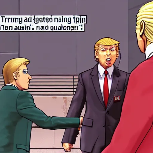 Image similar to donald trump being judged in phoenix wright, ace attorney, 4 k, high quality