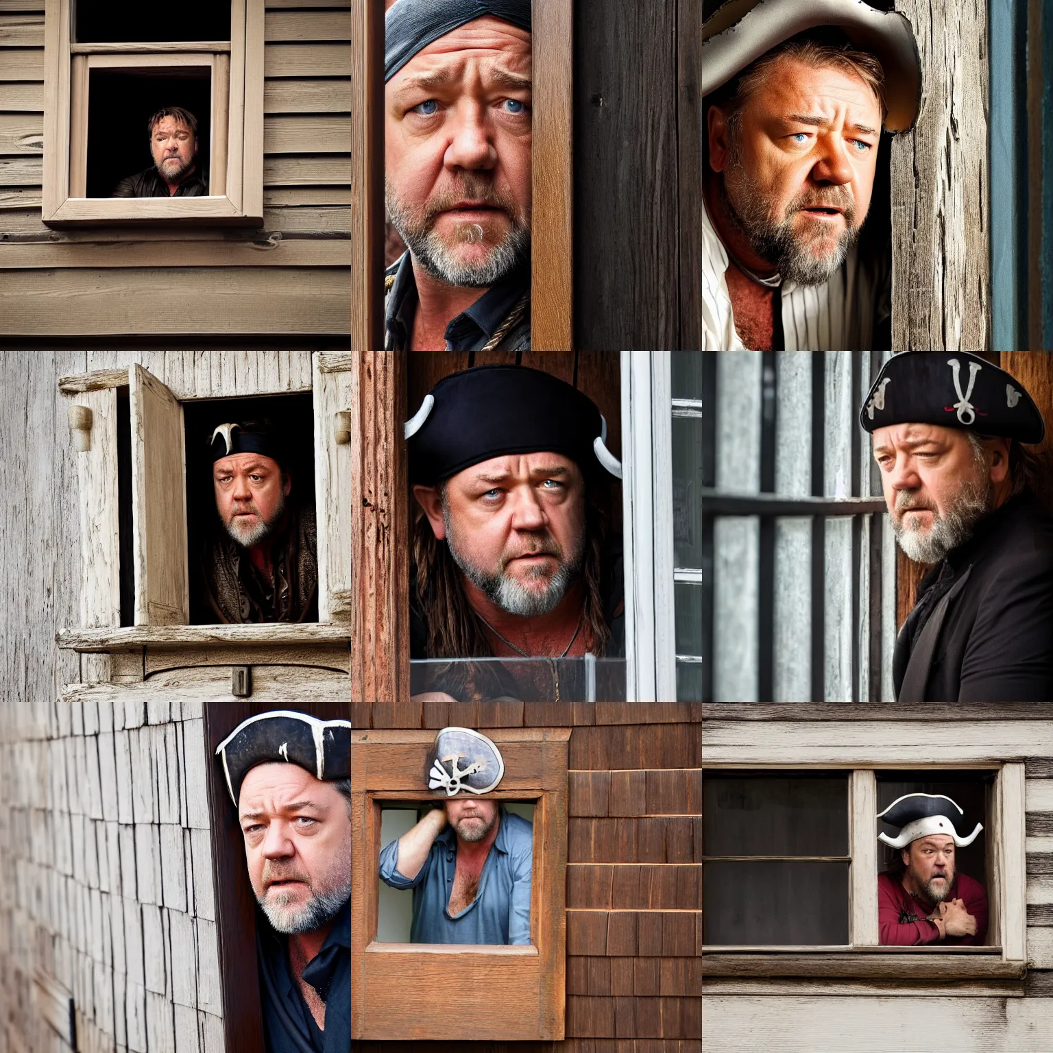 Image similar to concerned russell crowe with pirate hat peering out from a small window, wooden wall