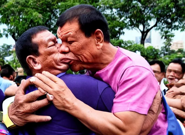 Image similar to rodrigo duterte and thanos kissing each other in luneta park, real life photograph, award winning photograph, 4 k