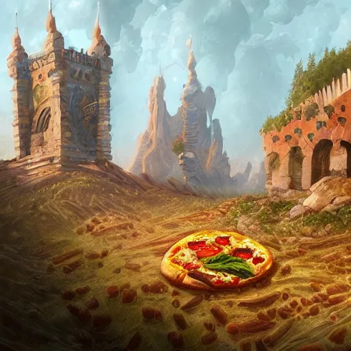 Image similar to ultra realistic illustration of pizza giant, intricate, fantasy italy, epic landscape, highly detailed, digital painting, artstation, concept art, smooth, sharp focus, beautiful, art by tim mcburnie and conar cross and anato finnstark