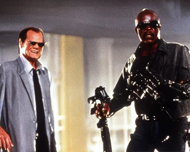 Prompt: Jack Nicholson and Samuel L. Jackson are Terminators action scene