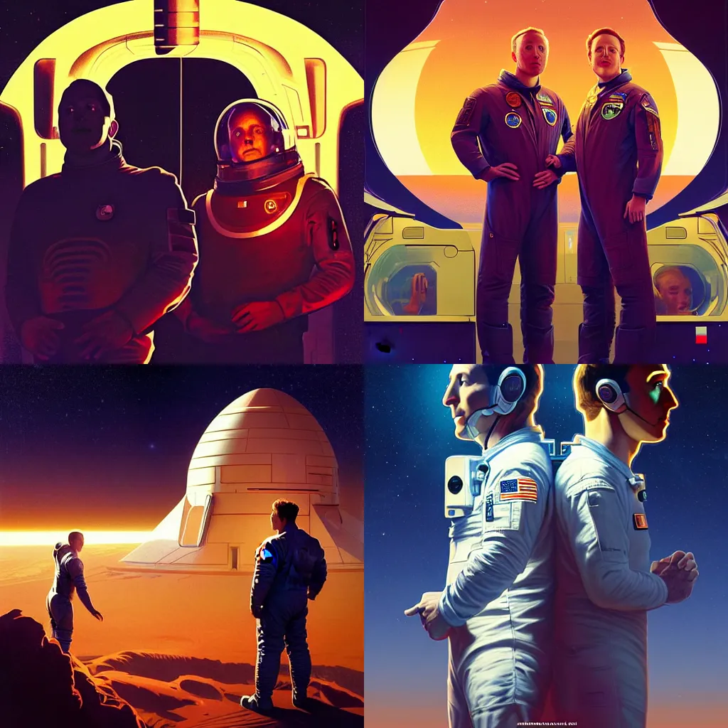 Prompt: Elon Musk and Marc Zuckerberg as astronauts, dramatic backlighting, stars, golden hour, kodachrome, color contrast, high contrast, highly detailed, sharp focus, digital painting, concept art, illustration, trending on artstation, art by greg rutkowski + greg hildebrandt + alphonse mucha