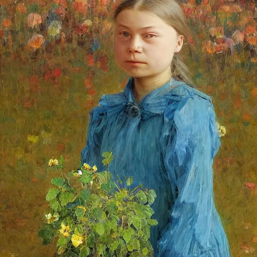 Prompt: Devastated Greta Thunberg holding a plant and crying, impressionism, barren earth, vivid attention to detail, by Greg Rutkowksi and Ilya Repin