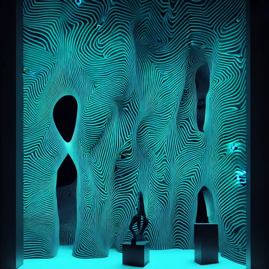 Prompt: beautiful monsters sculpted out of black glass by billelis + lit with geometric neon dripping gold + heaven in background!!!, facing a doorway opening with neon blue geometric fractal light + flowering hostas!!!, transcendent, clean linework, dramatic, finely detailed, 4 k, trending on artstation, photorealistic, volumetric lighting, octane render