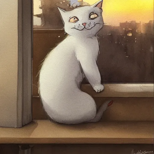Image similar to head and shoulders masterpiece portrait of a cute adorable cat sleeping on a window sill at sunset, digital art watercolor by krenz cushart and hayao miyazaki and kuniyoshi utagawa, trending on artstation, cgsociety, rich vivid color