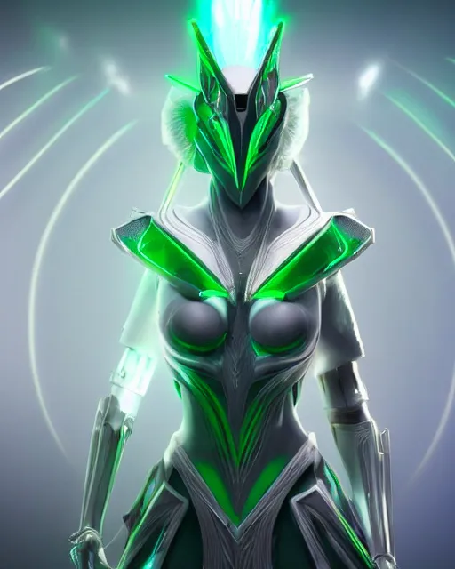 Image similar to perfect white haired attractive egyptian goddess, warframe armor, beautiful, symmetric, dreamy, half asian, pretty face, green eyes, charlize theron, detailed, scifi platform, laboratory, experiment, 4 k, ultra realistic, epic lighting, android body, illuminated, cinematic, masterpiece, art by akihito tsukushi, voidstar