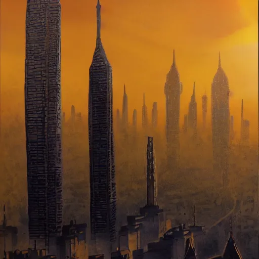 Prompt: vantablack brutalist spires in front of a golden sunset, swiring mist, cityscape, john avon