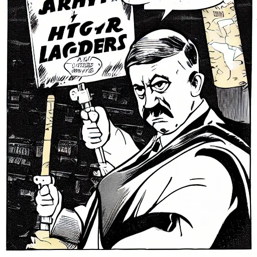 Image similar to comic book of angry jews with lightsabers and adolf hitler accurate eyes high detail