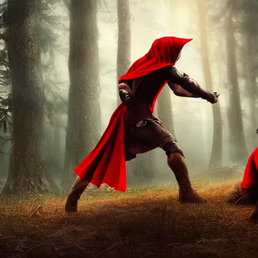 Image similar to red riding hood warrior fights a werewolf, highly detailed, dramatic lighting, cinematic, 4k