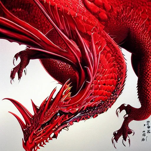 Prompt: grimez painting a realistic red dragon, china, vogue, digital art, hyperrealistic