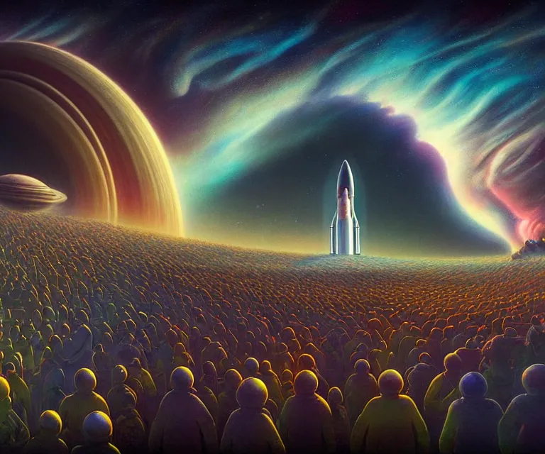 Prompt: hyper detailed 3d render like a Oil painting - crowds gather at a spaceport on a beautiful faraway planet to watch a rocket blast off, large gas giant in the dramatic nebula-filled alien sky, retrofuturistic science fiction vibe, by Jacek Yerka, Mariusz Lewandowski, Houdini algorithmic generative render, Abstract brush strokes, Masterpiece, Edward Hopper and James Gilleard, Zdzislaw Beksinski, Mark Ryden, Wolfgang Lettl, hints of Yayoi Kasuma, octane render, 8k