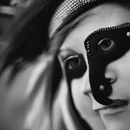 Prompt: Close up photograph of a woman wearing a Gimp Mask, black and white, professional photography, 35mm film, focus