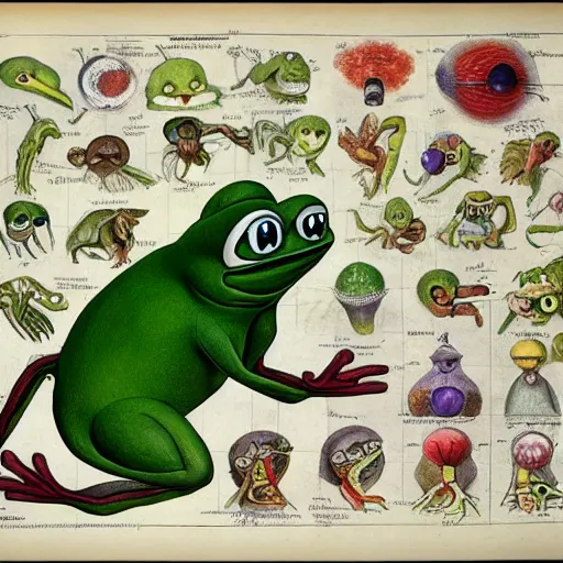 Image similar to pepe the frog ( pokemon ) anatomical diagram, in codex seraphinianus