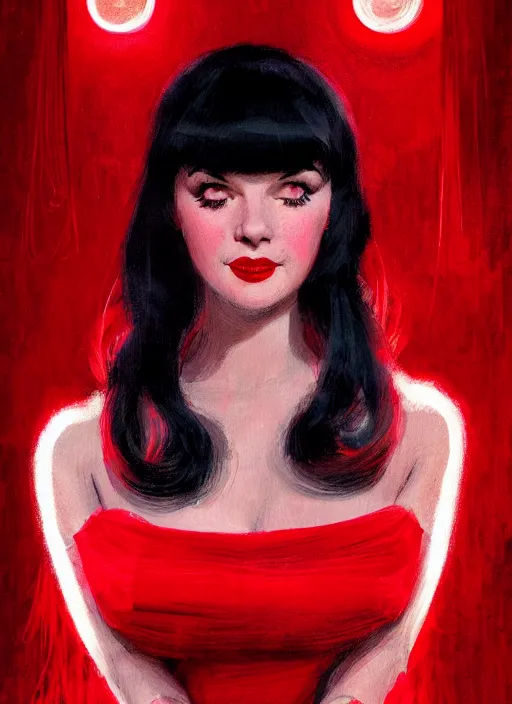 Image similar to portrait of betty page with bangs, 1 9 6 0 s, long hair, red clothes, bangs, intricate, elegant, glowing lights, highly detailed, digital painting, artstation, concept art, smooth, sharp focus, illustration, art by wlop, mars ravelo and greg rutkowski