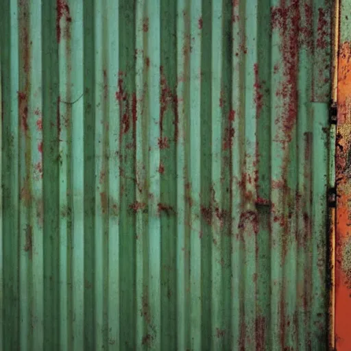 Image similar to rusty green shipping container, overcast, underexposed,